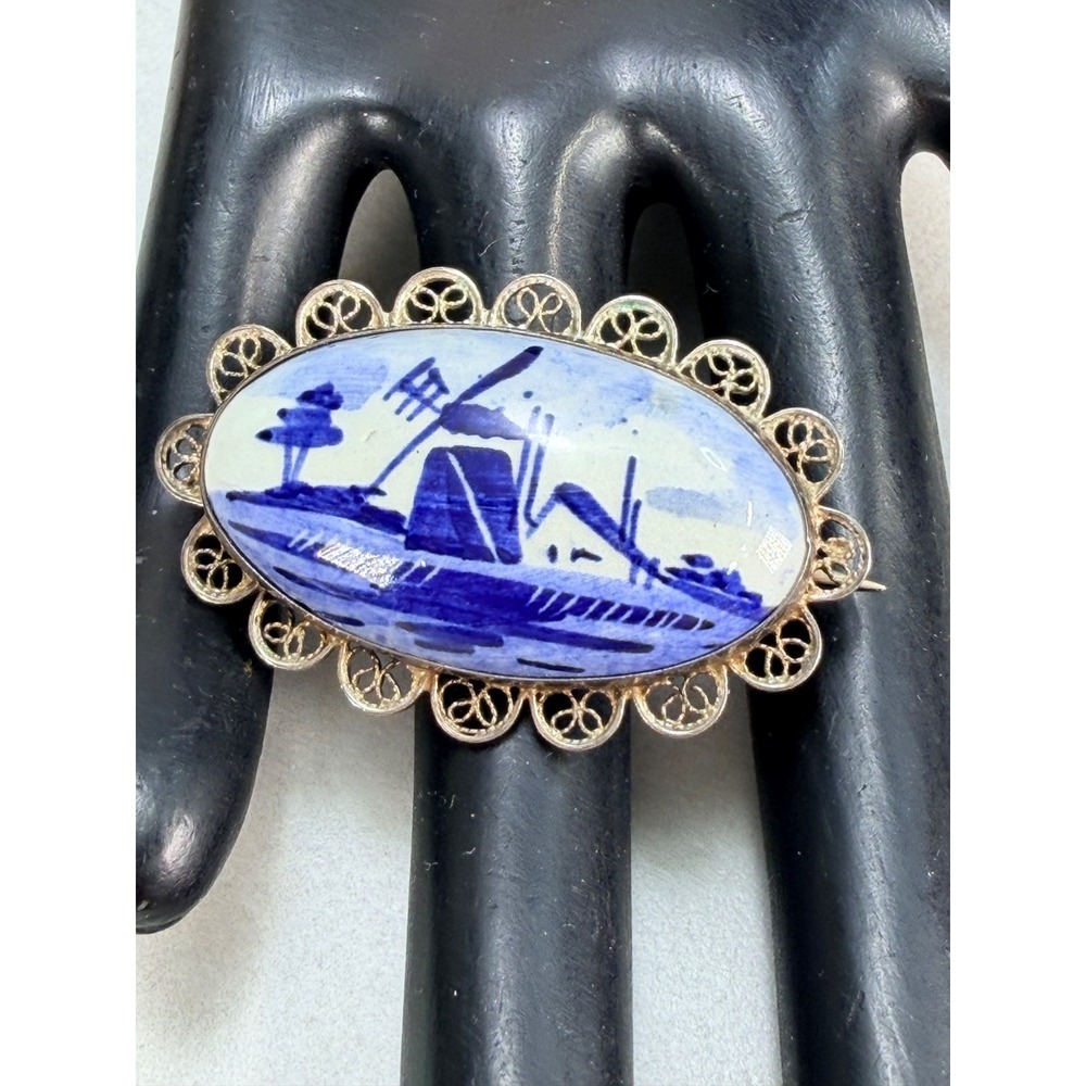 Antique Sterling Silver Delft Filigree Holland Porcelain Windmill Brooch Pin